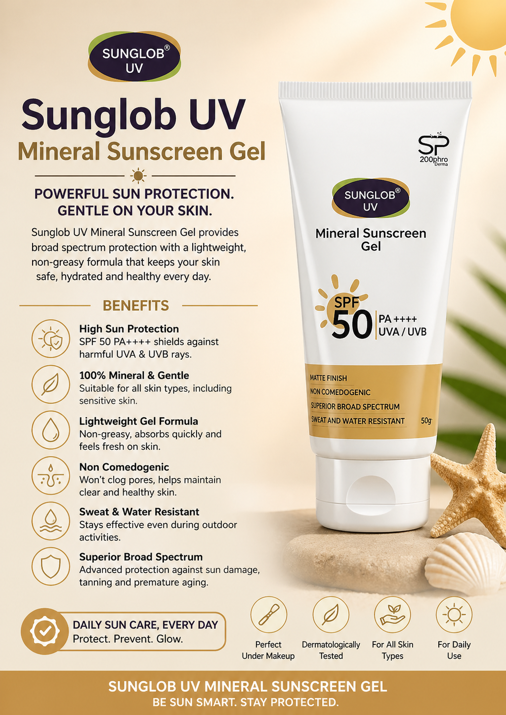 Sunglob UV Mineral Sunscreen Gel SPF 50 Plus | Broad Spectrum UVA/UVB Protection | Lightweight Matte Finish Sunscreen for Men & Women