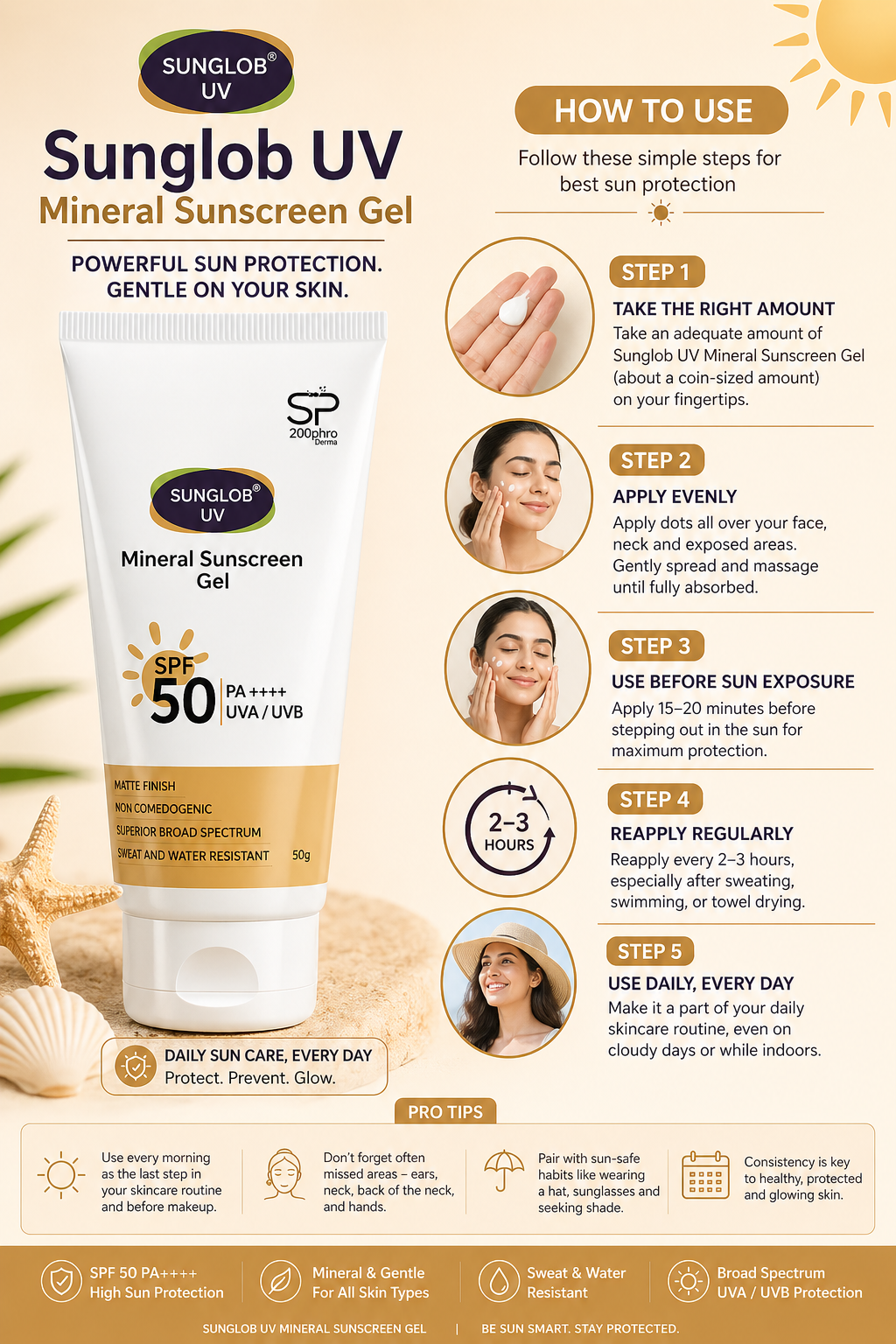 Sunglob UV Mineral Sunscreen Gel SPF 50 Plus | Broad Spectrum UVA/UVB Protection | Lightweight Matte Finish Sunscreen for Men & Women