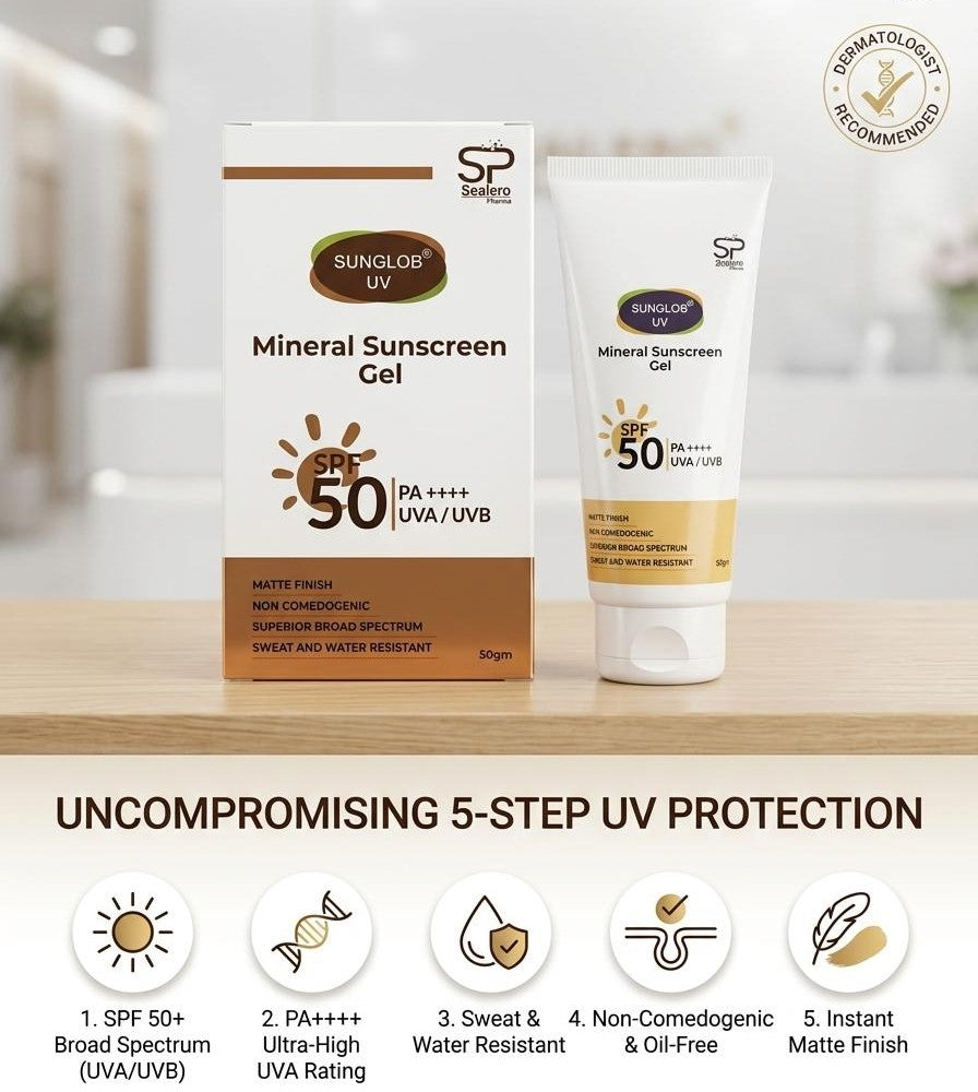 Sunglob UV Mineral Sunscreen Gel SPF 50 Plus | Broad Spectrum UVA/UVB Protection | Lightweight Matte Finish Sunscreen for Men & Women
